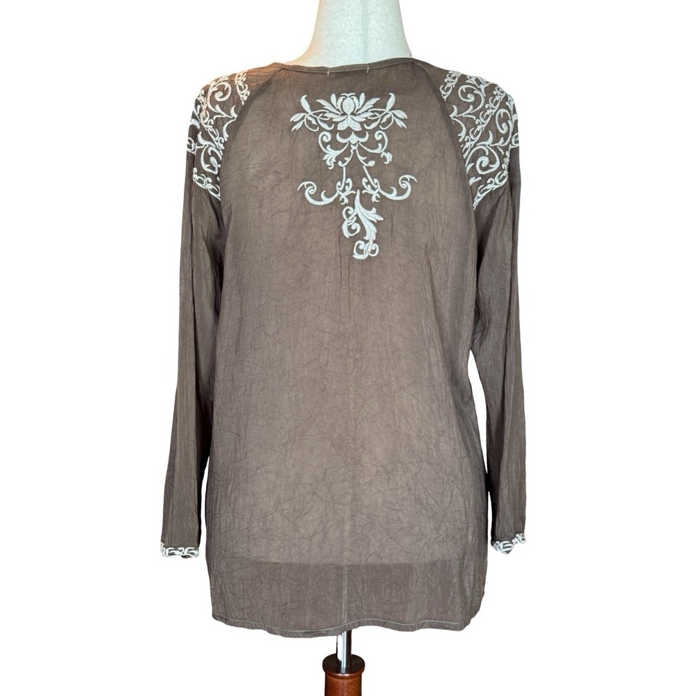 Johnny Was Tunic Size L Brown Embroidered Long Sleeve Boho Feminine Elegant Cali - Picture 3 of 10